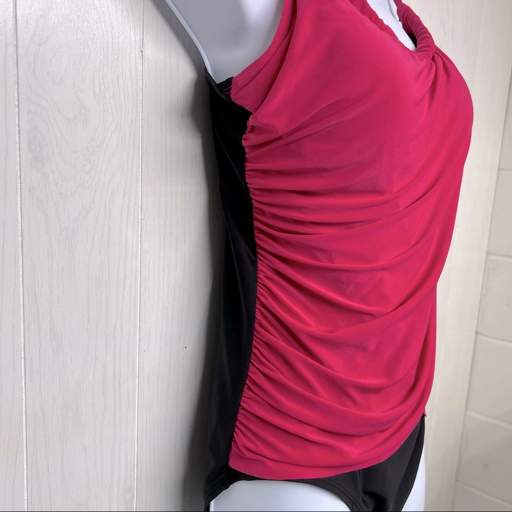 AQU GREEN Swimsuit Fuchsia Black Ruched Wrap Draped Overlay One Piece Sz… - Picture 3 of 9
